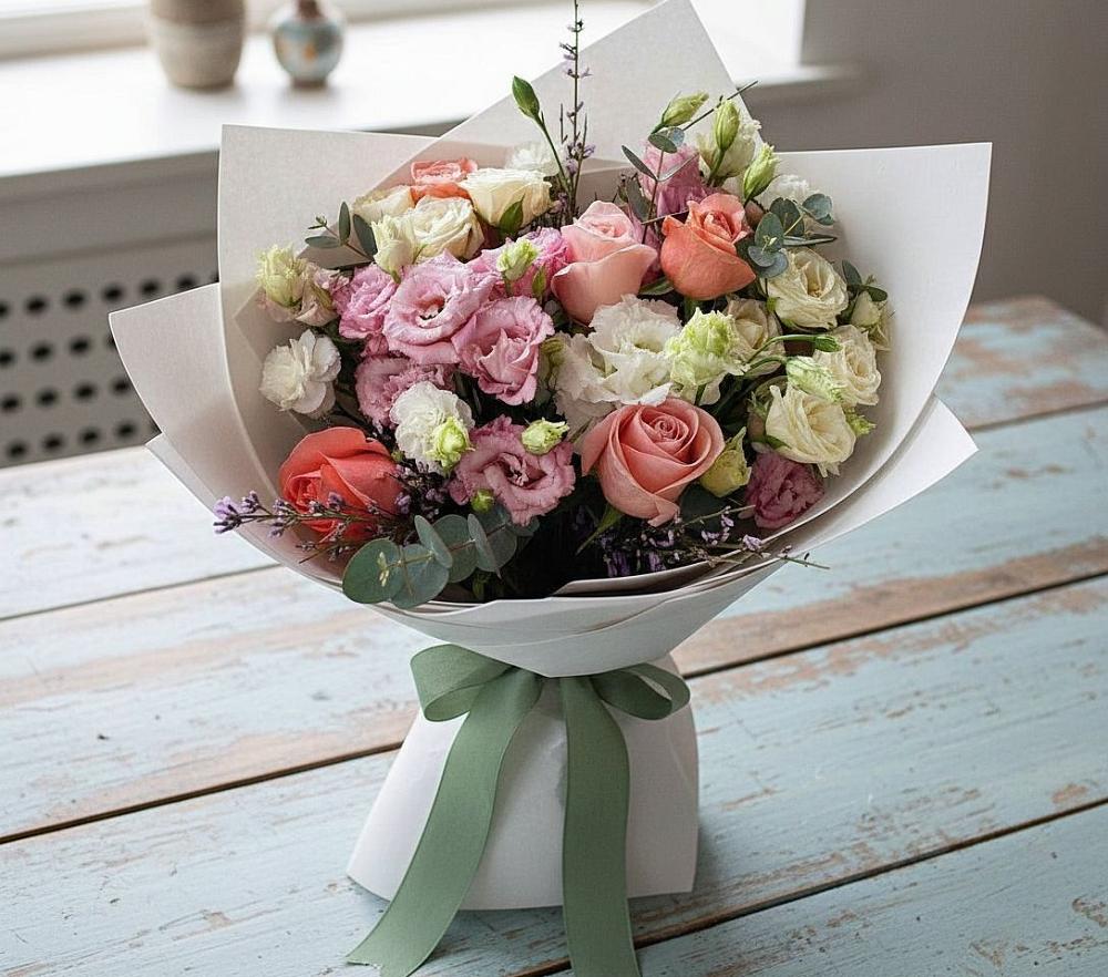 Букет цветов из: Розы, Лизиантусы и Гвоздики в Лебедяни