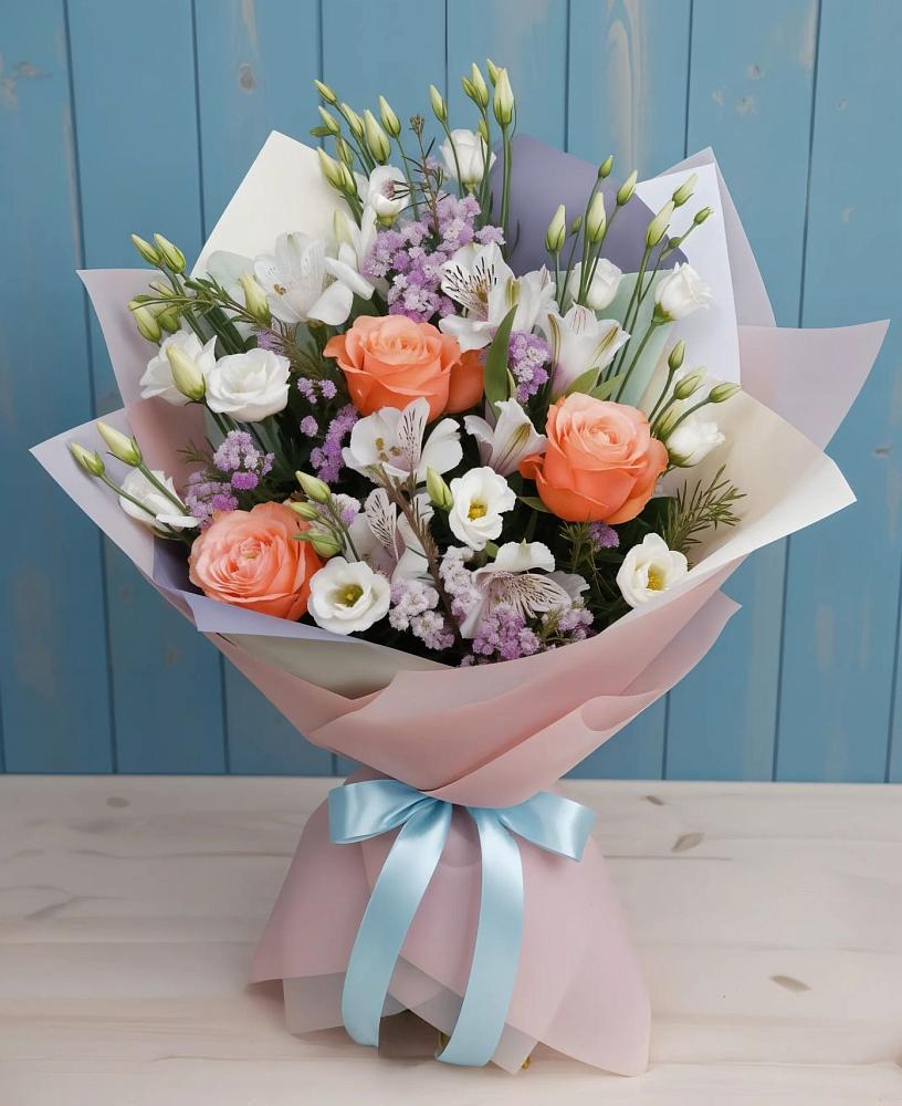 Букет цветов из: Лизиантусы, Розы, Альстромерии и Гипсофила в Лебедяни